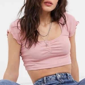 TOPSHOP SS Striped V-Neck Cropped Front Ruched Top